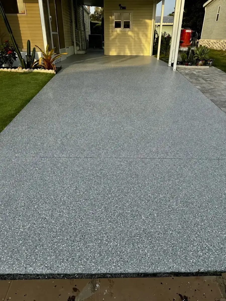 Gray flake floor in a covered carport